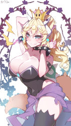 Rule 34 | 1girl, armlet, bare shoulders, black dress, blonde hair, blue eyes, borrowed design, bowsette, bracelet, breasts, cleavage, collar, crown, dress, highres, horns, jewelry, kanola u, large breasts, long hair, looking at viewer, mario (series), new super mario bros. u deluxe, nintendo, peachette, ponytail, sharp teeth, smile, solo, spiked bracelet, spiked collar, spikes, strapless, strapless dress, super crown, symbol-shaped pupils, tail, teeth, turtle shell