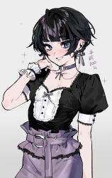 Rule 34 | 1girl, belt, black hair, black shirt, blue eyes, blunt bangs, breasts, buttons, choker, collarbone, cowboy shot, ear chain, hand up, highres, looking at viewer, nikubou maranoshin, o-ring, o-ring choker, original, pants, pink ribbon, puffy short sleeves, puffy sleeves, purple choker, purple pants, ribbon, shirt, short hair, short sleeves, sidelocks, simple background, small breasts, smile, solo, sparkle, standing, white background