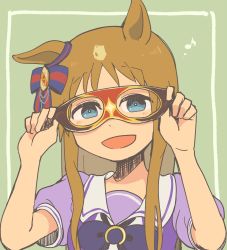 Rule 34 | 1girl, blue eyes, blush, bow, bowtie, brown hair, domino mask, eighth note, grass wonder (umamusume), hair bow, hands up, highres, holding, holding mask, jiima tarou, long hair, looking at viewer, mask, musical note, open mouth, puffy short sleeves, puffy sleeves, purple shirt, sailor collar, school uniform, shirt, short sleeves, solo, tracen school uniform, umamusume, upper body