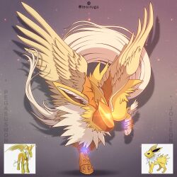 Rule 34 | absurdres, armor, creatures (company), digimon, digimon (creature), feathered wings, fusion, game freak, gen 1 pokemon, highres, holy ring, jolteon, mask, nintendo, pegasmon, pokemon, pokemon (creature), wings