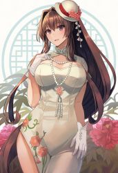 Rule 34 | 1girl, alternate costume, beads, blush, breasts, breasts apart, brown eyes, brown hair, bush, china dress, chinese clothes, cowboy shot, crossed legs, dress, floral print, flower, gloves, hair between eyes, hair intakes, hand on own chest, hand up, hat, hat flower, head tilt, highres, impossible clothes, impossible dress, jewelry, kantai collection, kasumi (skchkko), large breasts, lattice, light smile, long dress, long hair, looking at viewer, necklace, parted lips, pearl necklace, ponytail, red flower, short sleeves, side slit, solo, standing, tilted headwear, very long hair, white dress, white gloves, white hat, yamato (kancolle)