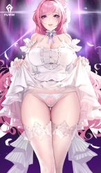 Rule 34 | 1girl, bare shoulders, blush, bow, breasts, cian yo, cleavage, clothes lift, detached sleeves, dorothy (nikke), dress, feathers, frilled dress, frills, glint, goddess of victory: nikke, grin, hair bun, highres, large breasts, logo, long hair, looking at viewer, nail polish, panties, parted lips, pink hair, pink nails, purple bow, purple eyes, pussy, pussy peek, see-through, see-through panties, sidelocks, skirt, skirt lift, smile, solo, thigh gap, thighhighs, thighs, underwear, very long hair, white dress, white panties, white thighhighs