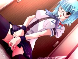 Rule 34 | 1girl, artist request, blue hair, blush, braid, character request, clothes lift, door, dutch angle, female masturbation, fingering, functionally nude, game cg, glasses, kneeling, masturbation, one eye closed, open mouth, pussy juice, skirt, skirt lift, solo, spread legs, sweat, thighhighs, uniform, upright, wink