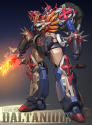 Rule 34 | absurdres, arms at sides, artist logo, clenched hand, closed mouth, commentary request, copyright name, daltanious, flaming sword, flaming weapon, full body, gradient background, highres, holding, holding sword, holding weapon, legs apart, lion tail, maeda hiroyuki, mecha, mecha focus, mechanical tail, mirai robo daltanious, no humans, orange eyes, redesign, robot, science fiction, shadow, solo, spikes, standing, super robot, sword, tail, weapon