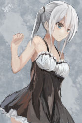 Rule 34 | 1girl, alternate costume, armpits, bare arms, bare shoulders, blonde hair, blue eyes, blush, breasts, casual, closed mouth, dress, graf zeppelin (kancolle), hair between eyes, hair tie, hand up, kantai collection, large breasts, long hair, looking afar, sidelocks, signature, sleeveless, sleeveless dress, smile, solo, sundress, twintails, upper body, yanagi wakana