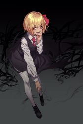 Rule 34 | 1girl, :d, ascot, black footwear, black skirt, black vest, blonde hair, hair ornament, hand up, highres, long sleeves, looking at viewer, open mouth, pantyhose, red ascot, red eyes, reiga (act000), rumia, shirt, shoes, skirt, smile, solo, touhou, vest, white pantyhose, white shirt