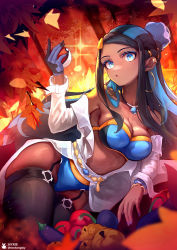Rule 34 | 1girl, absurdres, alternate costume, belly chain, bikini, black hair, blue bikini, blue eyes, blue eyeshadow, breasts, cleavage, commentary request, creatures (company), dark-skinned female, dark skin, earclip, earrings, eyeshadow, game freak, garter straps, gloves, hair bun, hand up, highres, holding, holding poke ball, hoop earrings, jewelry, lab coat, large breasts, long hair, looking at viewer, makeup, midriff, multicolored hair, neck, necklace, nessa (pokemon), nintendo, off shoulder, open clothes, open mouth, open shirt, partially fingerless gloves, poke ball, poke ball (basic), pokemon, pokemon swsh, shirt, single glove, single hair bun, skyxperish, solo, straight hair, strapless, strapless bikini, swimsuit, thighhighs, two-tone hair, white shirt