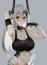 Rule 34 | 1girl, absurdres, arknights, arm behind head, armband, armpits, bare arms, bare shoulders, black choker, black gloves, blush, breasts, choker, cleavage, crop top, earrings, gloves, grey background, groin, hand up, highres, horns, jewelry, large breasts, long hair, looking at viewer, material growth, midriff, mudrock (arknights), navel, nose blush, nvl, oripathy lesion (arknights), parted lips, pointy ears, red eyes, sidelocks, silver hair, simple background, sleeveless, solo, sports bra, steam, stomach, upper body
