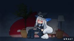 Rule 34 | 1girl, arknights, artist name, black capelet, black gloves, blue hat, boots, brown footwear, capelet, closed mouth, clothing cutout, commentary, couch, dark room, gloves, hat, indoors, kani fish, lamp, long hair, on couch, plant, red eyes, sad, sidelocks, silver hair, sitting, skadi (arknights), solo, stuffed orca, stuffed toy, symbol-only commentary, tearing up, thigh cutout