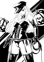 Rule 34 | 1girl, bad id, bad twitter id, bare shoulders, bondage outfit, breasts, commentary request, copyright request, corset, cowboy shot, dominatrix, elbow gloves, garter straps, gloves, greyscale, hat, jack-o&#039;-lantern, large breasts, long hair, looking at viewer, mole, mole under eye, monochrome, nanahime, open mouth, panties, side-tie panties, solo, standing, thighhighs, underwear, whip