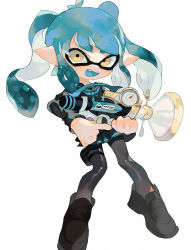 Rule 34 | 1girl, black footwear, black pantyhose, black serafuku, black shirt, blue hair, blue neckerchief, blue sailor collar, blue skirt, blush, commentary, english commentary, fang, gauge, holding, holding weapon, inkling, inkling girl, inkling player character, loafers, long hair, long sleeves, looking at viewer, neckerchief, nintendo, open mouth, pantyhose, pleated skirt, pointy ears, sailor collar, school uniform, serafuku, shirt, shoes, short eyebrows, sidelocks, simple background, skirt, smile, solo, splatoon (series), splatoon 2, standing, swept bangs, tentacle hair, trigger discipline, twintails, weapon, white background, yellow eyes, ze090