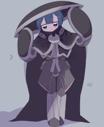 Rule 34 | black eyes, blue hair, blunt bangs, cape, cosplay, full body, grey background, highres, large hat, made in abyss, maruruk, ozen, ozen (cosplay), shadow, short hair, simple background, smile, standing, trap, uis0
