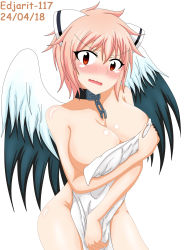 Rule 34 | angel, angeloid, animal ears, blush, breasts, covering privates, embarrassed, harpy, highres, large breasts, monster girl, pink hair, short hair, sora no otoshimono, wings