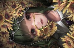 Rule 34 | 1girl, alternate hairstyle, ascot, beads, blunt bangs, blush, brooch, expressionless, eyebrows hidden by hair, eyelashes, flower, flower on face, flower on head, frills, green eyes, hair beads, hair ornament, head tilt, jewelry, kazami yuuka, lips, looking at viewer, medium hair, miyako yamamoto, parted lips, perspective, petals, solo, sunflower, teeth, touhou, upper body, wing collar, yellow ascot, yellow flower