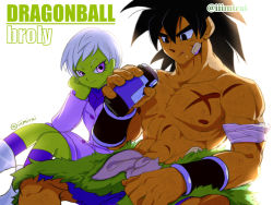 Rule 34 | 1boy, 1girl, bad id, bad pixiv id, black eyes, black hair, bracer, broly (dragon ball super), character name, cheelai, colored skin, commentary request, copyright name, dragon ball, dragon ball super, dragon ball super broly, green skin, iiimirai, purple eyes, scar, scar on chest, short hair, sitting, tongue, tongue out, twitter username, white hair