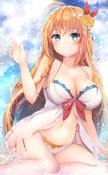 Rule 34 | 1girl, absurdres, ahoge, arm support, bikini, blue eyes, blue sky, blush, braid, breasts, cleavage, cloud, day, dress, groin, hair between eyes, hair ornament, hair ribbon, hand up, highres, hiromaster sinta jh, large breasts, long hair, looking at viewer, navel, open clothes, open dress, orange hair, outdoors, partially submerged, pecorine (princess connect!), pecorine (summer) (princess connect!), princess connect!, red ribbon, ribbon, side braid, signature, sitting, skindentation, sky, smile, solo, split mouth, stomach, swimsuit, very long hair, white bikini, white dress, yokozuwari