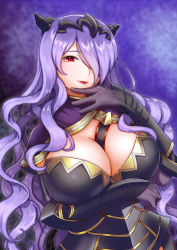 Rule 34 | 1girl, armor, black armor, breast hold, breasts, camilla (fire emblem), capelet, fire emblem, fire emblem fates, hair over one eye, hand on own chin, kumehara chiyota, large breasts, lips, long hair, looking at viewer, nintendo, open mouth, parted lips, purple background, purple hair, red eyes, shiny clothes, sidelocks, smile, solo, tiara, vambraces, very long hair, wavy hair