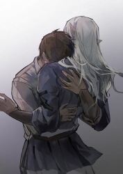 Rule 34 | 2boys, absurdres, adventurer (ff14), blue jacket, brown hair, chinese commentary, commentary request, cowboy shot, elezen, elf, estinien varlineau, facing away, final fantasy, final fantasy xiv, from behind, gradient background, grey background, grey shirt, hands on another&#039;s back, highres, hug, hyur, jacket, long hair, male focus, multiple boys, pointy ears, shirt, short hair, simple background, standing, surprise hug, vambraces, warrior of light (ff14), white hair, wujinjinjin