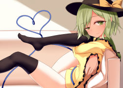 Rule 34 | 1girl, black thighhighs, bottomless, bow, couch, crossed arms, green eyes, green hair, hat, hat bow, heart, heart of string, hugging own legs, komeiji koishi, leg up, long sleeves, looking at viewer, matching hair/eyes, naked shirt, over-kneehighs, pillow, pspmaru, raised eyebrow, shirt, sitting, solo, thighhighs, thighs, touhou, uneven eyes, wide sleeves