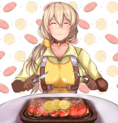 Rule 34 | 1girl, ^ ^, blonde hair, breasts, brown gloves, chochoporisu, choker, closed eyes, commission, closed eyes, facing viewer, food, fork, formation girls, gloves, hair ornament, hair over shoulder, hair scrunchie, highres, holding, holding fork, holding knife, knife, large breasts, pilot suit, roberta samael, scrunchie, sitting, skeb commission, solo, steak, upper body, yellow scrunchie