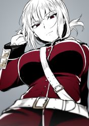 Rule 34 | 1girl, bad id, bad twitter id, breasts, coat, fate/grand order, fate (series), florence nightingale (fate), from below, gloves, grey background, ikeshita moyuko, large breasts, red coat, red eyes, solo, white gloves
