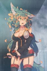Rule 34 | 1girl, animal ear fluff, animal ears, black gloves, black thighhighs, bow, breasts, cleavage, collarbone, commentary request, fang, fingerless gloves, garter straps, gloves, green eyes, green hair, hair bow, kuromiya, kuromiya raika, large breasts, long hair, long sleeves, looking up, multicolored hair, open mouth, orange hair, original, rain, solo, standing, tail, thighhighs, two-tone hair, wet, wet clothes, yellow bow
