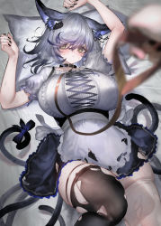 Rule 34 | 1girl, 1other, absurdres, animal collar, animal ear fluff, animal ears, asymmetrical legwear, bed sheet, black collar, black nails, black skirt, black thighhighs, blue bow, blue hair, blurry, blurry foreground, bow, breasts, breath, cat ears, cat girl, cat tail, collar, collarbone, depth of field, feet out of frame, fingernails, hair between eyes, highres, holding, holding leash, inumata ichini, knee up, large breasts, leash, looking at viewer, medium hair, mismatched legwear, multicolored hair, multiple tails, nail polish, original, out of frame, pillow, pov, simple background, skirt, solo focus, sweat, tail, tail bow, tail ornament, thick thighs, thighhighs, thighs, torn, torn clothes, torn legwear, torn skirt, viewer holding leash, white background, white thighhighs, yellow eyes