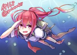 Rule 34 | 10s, 1girl, :d, bad id, bad pixiv id, bubble, character name, diving, highres, i-168 (kancolle), kantai collection, kt. (kaisou-notagui), long hair, necktie, open mouth, pink eyes, ponytail, red hair, salute, school uniform, serafuku, smile, twitter username, underwater
