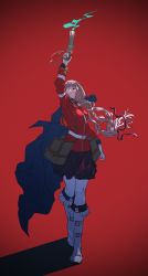 Rule 34 | 1girl, arm up, bag, bandage over one eye, belt, belt boots, black coat, black skirt, boots, braid, braided ponytail, breasts, coat, coat on shoulders, commentary request, fate/grand order, fate (series), florence nightingale (fate), full body, gloves, gun, highres, holding, holding gun, holding weapon, knee boots, long hair, long sleeves, looking at viewer, medium breasts, military, military uniform, open mouth, pantyhose, pink hair, red background, red eyes, skirt, smoke, smoking gun, solo, uaaaou, uniform, weapon, white footwear, white gloves, white pantyhose