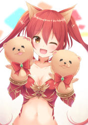 Rule 34 | 10s, 1girl, ;d, aibumi, animal ears, bare shoulders, breasts, brown eyes, cerberus (shingeki no bahamut), cleavage, granblue fantasy, hand puppet, highres, long hair, looking at viewer, medium breasts, midriff, navel, one eye closed, open mouth, pen-zin, puppet, red hair, shadowverse, shingeki no bahamut, smile, solo, twintails