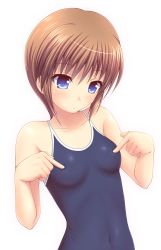 Rule 34 | 1girl, blue eyes, breast poke, breasts, brown hair, competition school swimsuit, covered navel, highres, ki (kk-sk-ray), one-piece swimsuit, original, poking, school swimsuit, short hair, small breasts, solo, swimsuit