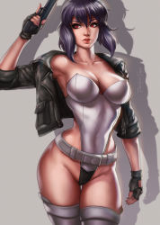 Rule 34 | 1girl, armpits, bare shoulders, belt, black gloves, black jacket, breasts, buttons, cameltoe, cleavage, collarbone, covered navel, cowboy shot, dandon fuga, fingerless gloves, ghost in the shell, ghost in the shell stand alone complex, gloves, grey background, grey thighhighs, groin, gun, hair between eyes, hand up, handgun, highleg, highleg leotard, hip focus, holding, holding gun, holding weapon, impossible clothes, impossible leotard, jacket, kusanagi motoko, large breasts, legs together, leotard, lips, looking to the side, off shoulder, open clothes, open jacket, parted lips, pocket, purple hair, red eyes, shadow, short hair, short hair with long locks, sidelocks, signature, simple background, skin tight, solo, standing, strapless, strapless leotard, thigh gap, thighhighs, thighs, trigger discipline, weapon