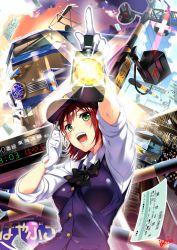 Rule 34 | 1girl, :d, bad id, bad pixiv id, gloves, green eyes, hat, looking at viewer, open mouth, original, pointing, red hair, ryuji (ikeriu), short hair, smile, solo, train, train conductor, uniform, white gloves