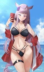 Rule 34 | 1girl, :q, absurdres, animal ears, bikini, black bikini, blue sky, blunt bangs, blush, bow, breasts, cellphone, cloud, cloudy sky, commentary, conconcon1031, cowboy shot, day, gold ship (umamusume), grey hair, hair bow, half-closed eyes, halterneck, hand on own hip, highres, holding, holding phone, horizon, horse ears, horse girl, horse tail, jacket, large breasts, licking lips, long hair, long sleeves, looking at viewer, multi-strapped bikini, navel, o-ring, o-ring bikini, ocean, off shoulder, open clothes, open jacket, outdoors, phone, purple bow, purple eyes, red jacket, skindentation, sky, smartphone, solo, standing, swimsuit, tail, thigh gap, thigh strap, tongue, tongue out, tracen training uniform, track jacket, umamusume, wet