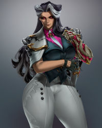 Rule 34 | 1girl, absurdres, black sclera, breasts, closed mouth, collared shirt, colored sclera, curvy, female focus, gun, highres, large breasts, league of legends, long hair, looking at viewer, mechanical arms, multicolored hair, necktie, nyahabi2112, pink eyes, pink shirt, renata glasc, shirt, simple background, single mechanical arm, solo, two-tone hair, weapon
