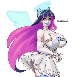 Rule 34 | 1girl, angel wings, black nails, blazinahegao, blue bow, blue lips, blunt bangs, bow, bracelet, breasts, bridal gauntlets, brooch, choker, cleavage, colored inner hair, corset, cowboy shot, dress, earrings, elbow gloves, energy wings, eyelashes, eyeliner, eyeshadow, frilled choker, frilled dress, frills, gloves, hair bow, halo, heart, heart brooch, highres, huge breasts, jewelry, light smile, lips, lipstick, long hair, makeup, multicolored hair, nail polish, pale skin, panty &amp; stocking with garterbelt, pink hair, simple background, skirt, sleeveless, sleeveless dress, solo, standing, stocking (psg), streaked hair, striped clothes, striped dress, white background, white skirt, wings