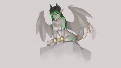 Rule 34 | 1girl, black hair, breasts, chain, cleavage, collarbone, colored skin, commentary, cuffs, demon girl, demon tail, demon wings, english commentary, full body, fusion, gargoyle, gargoyle (monster girl encyclopedia), glasses, green eyes, green hair, grey background, grey skin, highres, horns, kneeling, large breasts, leaning forward, long hair, looking at viewer, monster girl encyclopedia, no nipples, nude, original, paintrfiend, pointy ears, rectangular eyewear, shackles, simple background, smile, solo, tail, tattoo, tharkis, twintails, wings