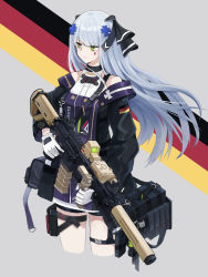 Rule 34 | 1girl, absurdres, assault rifle, bag, black ribbon, blue hair, character name, closed mouth, german flag, girls&#039; frontline, gloves, green eyes, gun, h&amp;k hk416, hair ribbon, highres, hk416 (girls&#039; frontline), hk416 (mod3) (girls&#039; frontline), holding, holding weapon, long hair, looking away, official alternate costume, ribbon, rifle, simple background, solo, standing, umi okami kun, uniform, weapon, white gloves