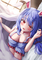 Rule 34 | 1girl, :d, animal ears, blanket, blue dress, blue hair, blush, breasts, cleavage, commentary request, dress, highres, indoors, large breasts, long hair, looking at viewer, lying, mizunisabano, on bed, on side, open mouth, rabbit ears, rabbit girl, red eyes, seiran (touhou), smile, solo, touhou, window