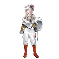 Rule 34 | 1girl, animal ears, artist request, bags under eyes, black undershirt, boots, brown shirt, cat ears, coffee mug, cup, folded ponytail, full body, girls&#039; frontline, gloves, hair between eyes, hair ornament, hairclip, hand in pocket, hazmat suit, head-mounted display, highres, holding, holding cup, long hair, looking at viewer, mask, mask pull, mouth mask, mug, non-web source, object request, off shoulder, official alternate costume, official art, parted lips, partially unbuttoned, persica (girls&#039; frontline), pink hair, pouch, red eyes, red footwear, rubber boots, rubber gloves, scientist, shirt, sidelocks, solo, strap, transparent background, unzipped, yellow gloves