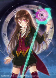 Rule 34 | 1girl, bad id, bad pixiv id, brown hair, character request, clock eyes, formal, fukahire (ruinon), glowing, glowing eyes, kaku-san-sei million arthur, long hair, million arthur (series), open mouth, purple eyes, scepter, shorts, solo, suit, symbol-shaped pupils, thighhighs, vest
