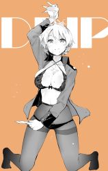 Rule 34 | 10s, 1girl, blouse, bra, braid, breasts, bust cup, cleavage, darjeeling (girls und panzer), girls und panzer, greyscale, greyscale with colored background, halterneck, highres, jacket, kneeling, large breasts, lingerie, looking at viewer, lowleg, lowleg panties, military jacket, monochrome, muteki soda, no pants, open clothes, open shirt, orange background, panties, pantyhose, pouring, saucer, shirt, skindentation, smile, solo, tea, text background, thighs, underwear, wet, wet hair