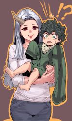 Rule 34 | !?, 1boy, 1girl, :o, age switch, aged down, aged up, archvermin, barefoot, boku no hero academia, carrying, carrying person, commentary, english commentary, eri (boku no hero academia), freckles, green eyes, green hair, highres, holding, holding person, horns, long hair, messy hair, midoriya izuku, parted bangs, red eyes, role reversal, shirt, silver hair, single horn, smile, sweatdrop, white shirt