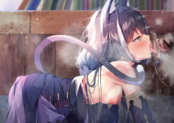 Rule 34 | 1boy, 1girl, all fours, animal ear fluff, animal ears, bar censor, black hair, blue dress, blush, breasts, cat ears, cat girl, cat tail, censored, clothes pull, detached sleeves, dress, dress pull, fellatio, green eyes, highres, karyl (princess connect!), long hair, low ponytail, madotsukumo, nipples, oral, penis, princess connect!, saliva, small breasts, solo focus, tail, tail raised