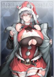 Rule 34 | 1girl, 2020, animal ears, artist request, breasts, christmas, garter straps, hat, highres, huge breasts, jacket, open clothes, open jacket, original, santa costume, santa hat, silver hair, skirt, solo, thighhighs, underboob cutout, wolf ears