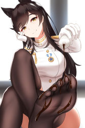 Rule 34 | 1girl, animal ears, atago (azur lane), azur lane, black hair, black thighhighs, blush, bottle, breasts, brown eyes, closed mouth, extra ears, feet, gloves, hair ribbon, head tilt, highres, holding, holding bottle, indoors, large breasts, long hair, looking at viewer, military, military uniform, mole, mole under eye, nekoda (maoda), no shoes, pouring, ribbon, sitting, smile, soles, solo, swept bangs, thighhighs, toes, uniform, white ribbon