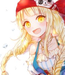 Rule 34 | 1girl, :d, artist name, bang dream!, blonde hair, blush, braid, breasts, character print, collarbone, ferrel (rocher 71), frills, head scarf, jewelry, long hair, looking at viewer, medium breasts, michelle (bang dream!), necklace, open mouth, pirate, sidelocks, smile, solo, tsurumaki kokoro, twin braids, upper body, water drop, yellow eyes