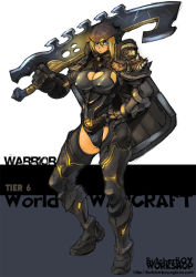 Rule 34 | 1girl, armor, blonde hair, blue eyes, blush, breasts, butcherboy, center opening, cleavage, cleavage cutout, clothing cutout, gorget, helm, helmet, hume, large breasts, one-piece swimsuit, shield, shoulder armor, solo, pauldrons, spiked shoulder pads, spikes, swimsuit, sword, thighhighs, warcraft, warrior, weapon, world of warcraft