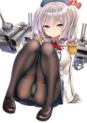 Rule 34 | 10s, 1girl, beret, binoculars, black pantyhose, blue eyes, blush, breasts, cannon, crotch seam, epaulettes, female focus, full body, gloves, hat, jacket, kantai collection, kase daiki, kashima (kancolle), large breasts, loafers, long hair, looking at viewer, machinery, military, military uniform, miniskirt, panties, panties under pantyhose, pantyhose, searchlight, shoes, silver hair, simple background, skirt, smile, solo, thighband pantyhose, turret, twintails, underwear, uniform, white background, white gloves