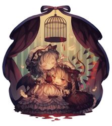 Rule 34 | 2girls, bad id, bad pixiv id, bat wings, birdcage, blonde hair, blood, blood on hands, blue hair, bow, cage, chibi, closed eyes, commentary request, crystal, dress, drill hair, fang, feathers, flandre scarlet, framed, full body, hand on own cheek, hand on own face, hand up, hat, highres, long hair, mob cap, multiple girls, namakuby, puffy short sleeves, puffy sleeves, red bow, red dress, red eyes, red neckwear, remilia scarlet, short sleeves, siblings, side drill, sisters, striped, striped background, touhou, white dress, white headwear, wings, wrist cuffs